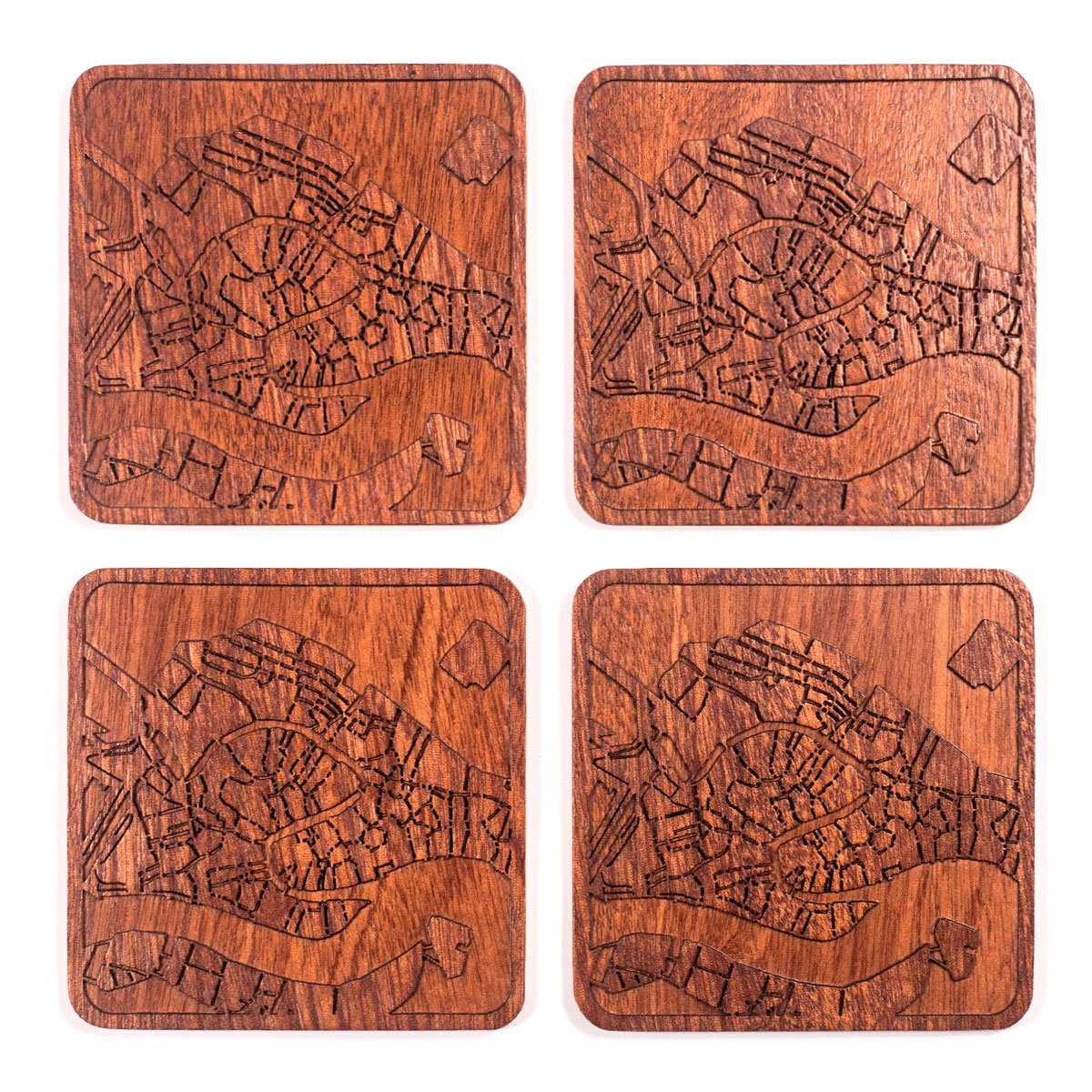 Venice Map Coaster, Set of 4, Sapele Wooden Coaster with City Map, Handmade
