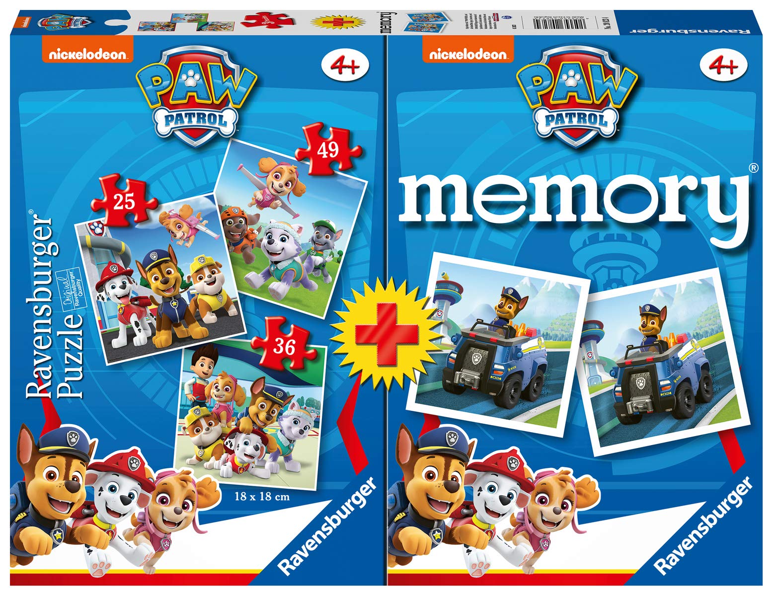 Ravensburger 20823 4 Multipack Memory and Puzzle Paw Patrol, Puzzle and Game for Children, Recommended Age 4+