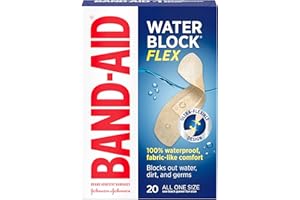 Band-Aid Brand Water Block Flex 100% Waterproof Adhesive Bandages for First-Aid Wound Care of Minor Cuts, Scrapes & Wounds, Ultra-Flexible Design, Sterile, All One Size, 20 ct