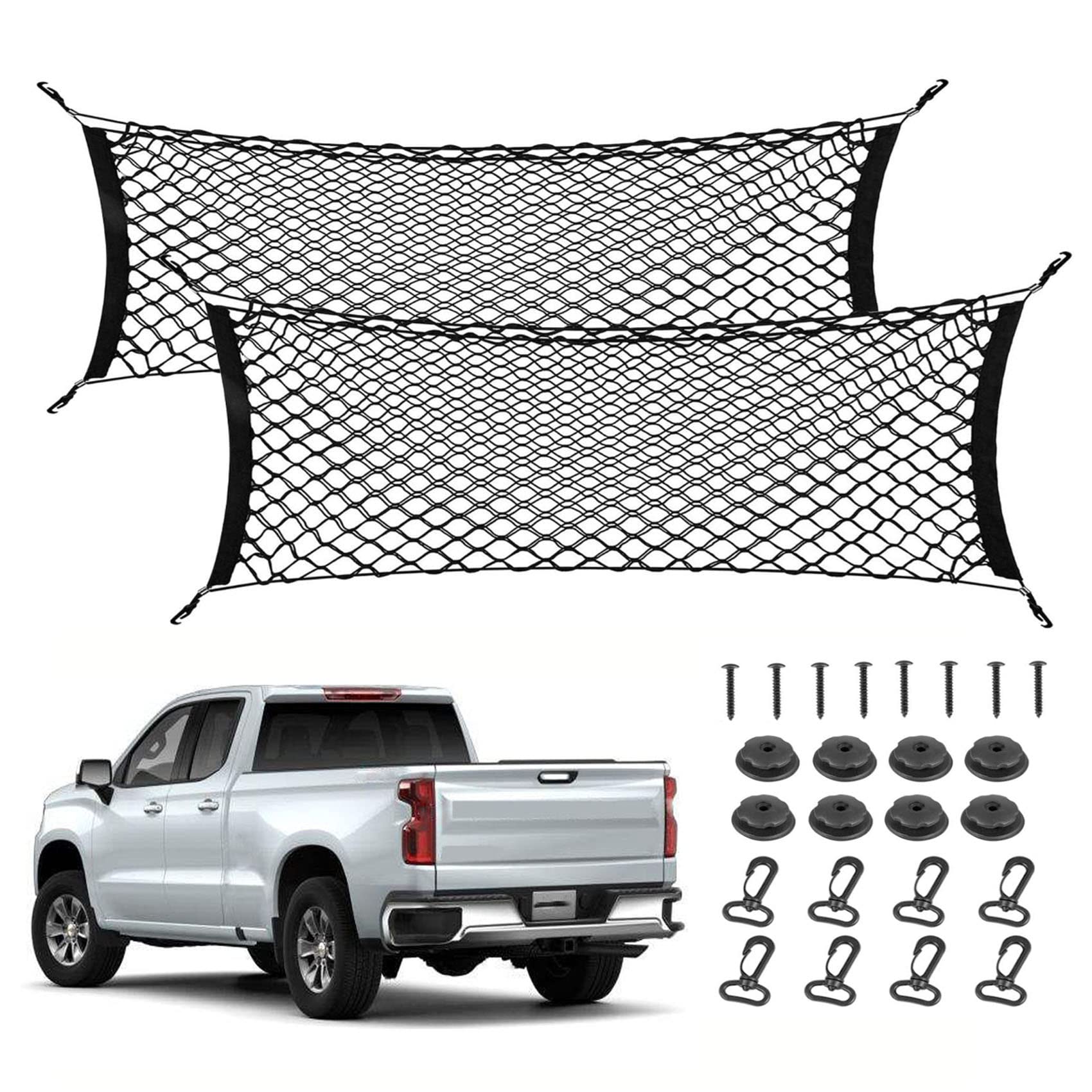 Photo 1 of 2pcs Truck Bed Cargo Net for Pickup, 52''- 66'' Heavy Duty Envelope Trunk Cargo Storage Organizer Mesh Net Truck Bed Accessories for Ford F150 Chevy Silverado WT LS LTZ GMC Sierra (4.3ft-5.5ft)