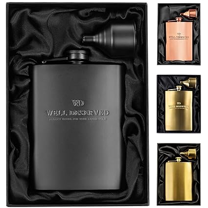 Matte Black Flask + Black Funnel + Black Canvas Poach Gift Set, 8 oz. Engraved WELL DESERVED. Classy Packaging. Stainless Steel Hip Flask For Liquor For Men. Alcohol Drinking Flasks. By WELL-DESERVED