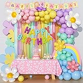 Party Inspo Daisy Party Decorations for Girl, Pastel Rainbow Girly Flower Groovy Boho Birthday Party Decorations, Balloon Garland Fringe Curtain Happy Birthday Banner Cake Cupcake Topper, 184 PCs