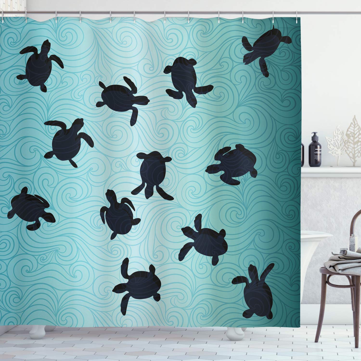ABAKUHAUS Marine Shower Curtain, Baby Sea Turtles Swimming Silhouette from the Bottom of Ocean Underwater Display, Cloth Fabric Bathroom Decor Set with Hooks, 175 x 200 cm, Teal Dark Blue