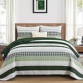 DJY Striped Quilt Set Queen Size, Green Boho Bedspread Set 3 Pieces Patchwork Coverlet Bedding Set Lightweight Soft Microfiber for All Season (96"x90")