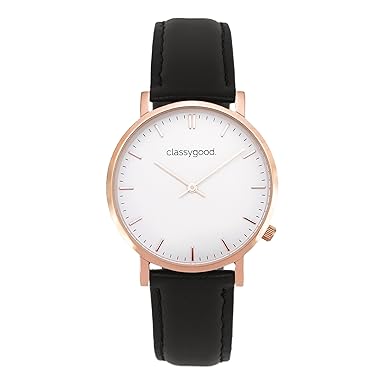 classygood. „Classic“ Damen/Herren Uhr Analog Quarzuhrwerk mit Leder Armband schwarz roségold Zifferblatt weiß