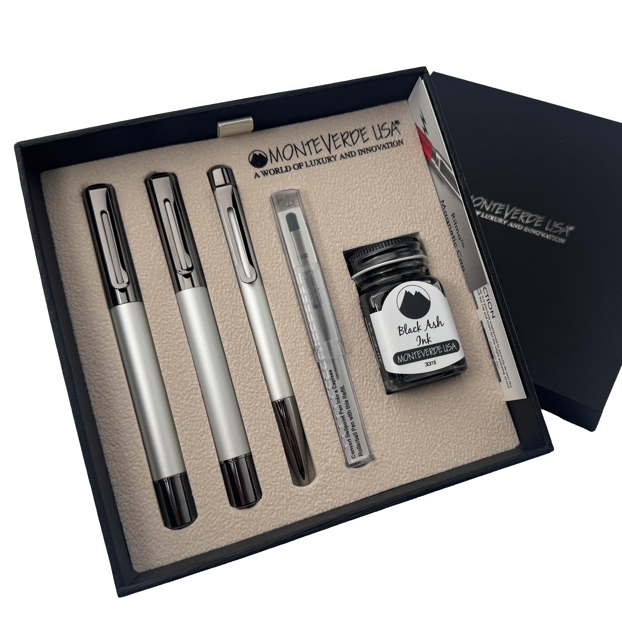 Monteverde Ritma 3+2 Piece Gift Set, Silver – Includes Medium Nib Fountain Pen, Rollerball, Ballpoint, 30ml Ink & Refill – Premium Writing Set for Writers & Collectors