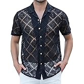Alex Vando Mens Summer Shirts See Through Sheer Lace Casual Short Sleeve Button Down Beach Shirt