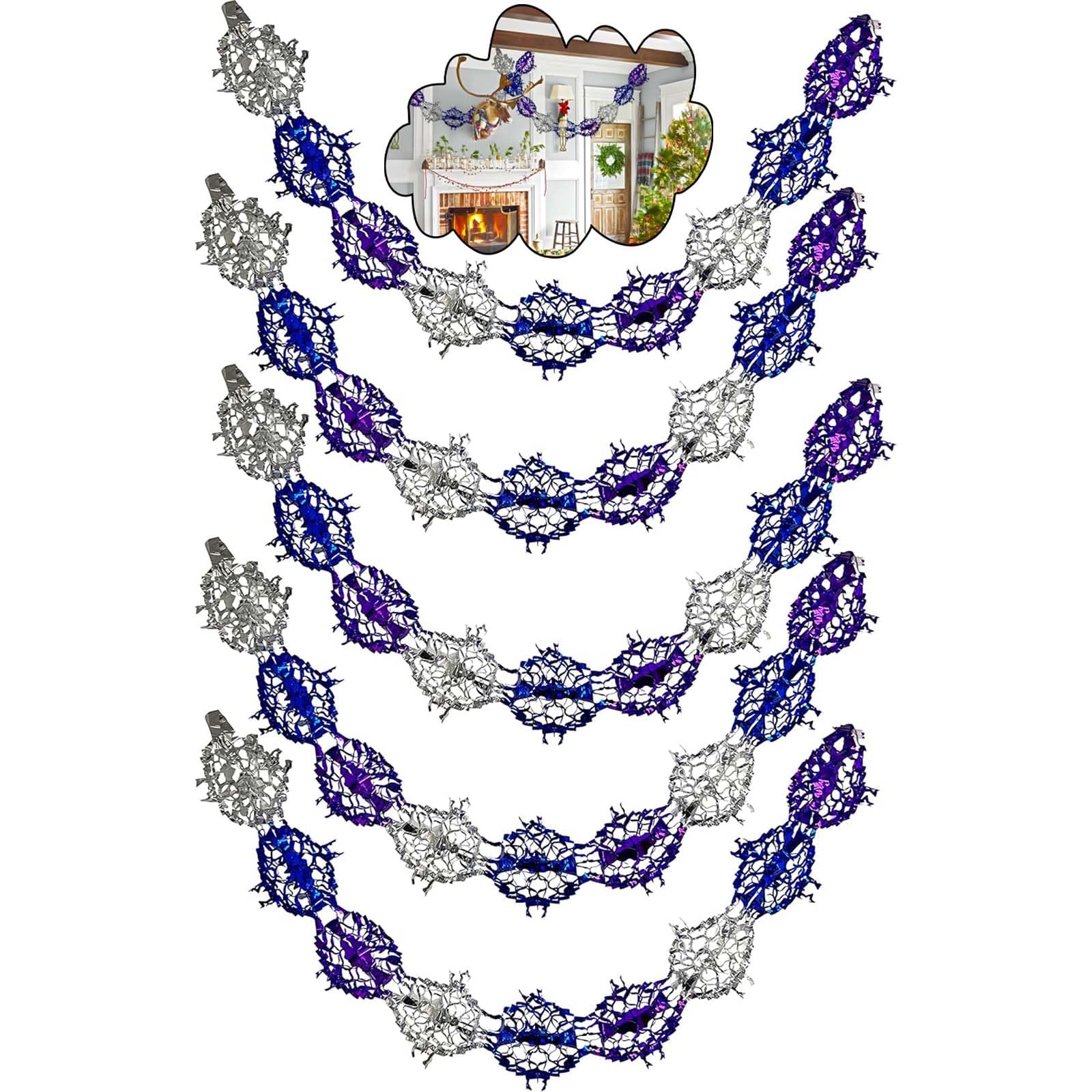 5Pcs Christmas Foil Hanging Decorations, Total 10M Foil Star Christmas Garlands Wall Ceiling, Xmas Home Décor Party Supplies (Purple,Silver,Blue)