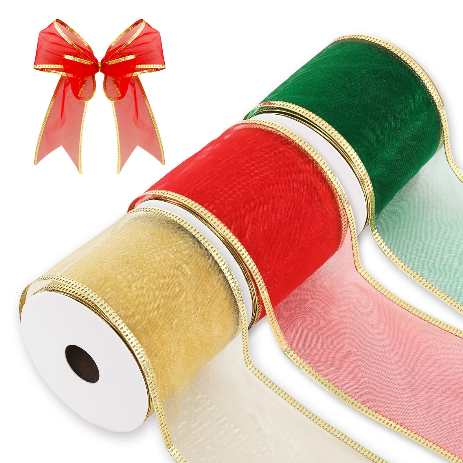 Whaline Christmas Organza Ribbon Rolls - 3 Rolls Red, Green, Yellow Sheer Ribbon with Gold Wire Edge and 2.5 Inch Width for Gift Wrapping, Xmas Tree, Holiday Wreath, Bow Craft