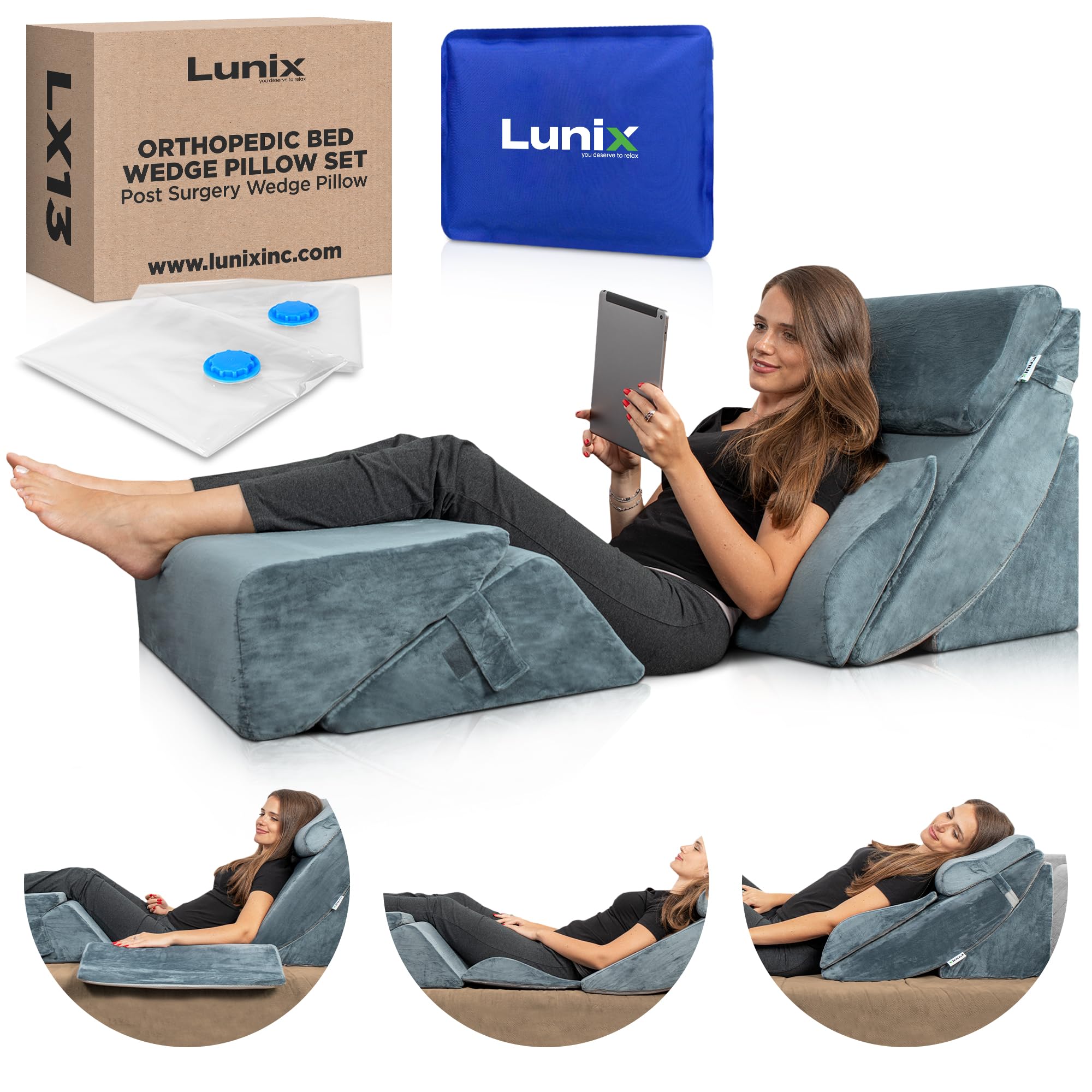 Lunix 6pcs Orthopedic Bed Wedge Pillow Set, Post Surgery Memory Foam for Back, Neck, and Leg Pain Relief, Adjustable Sitting Pillow for Sleeping, Acid Reflux and GERD, Hot Cold Pack, Navy