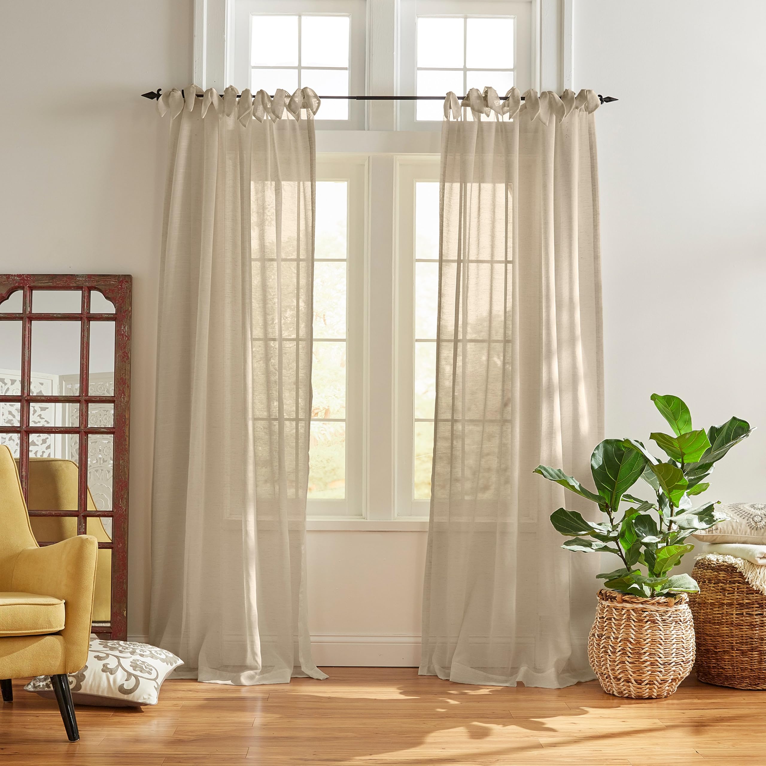 Elrene Home Fashions Cottagecore Tie-Top Sheer Window Curtain, Poly-Linen Blend, Flax, 52 in x 95 in (1 Panel) — image 1