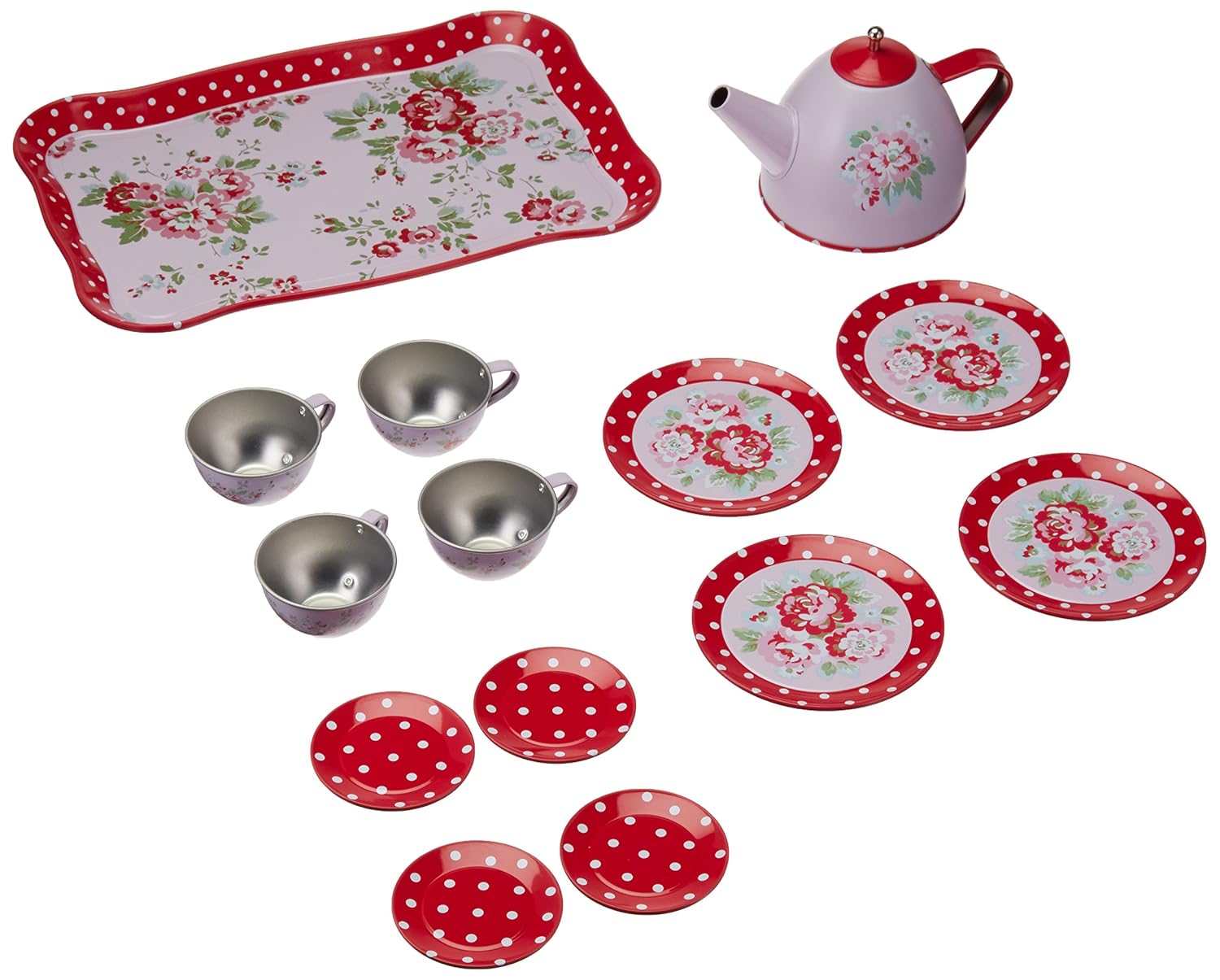 Delton Products Childrens Tin Tea Set with Roses & Polka Dots Kitchen