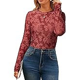Glamaker Womens Mesh Long Sleeve Tops Lace See Through Sexy Crew Neck Eyelet Shirts Party Floral Club Dressy Blouse