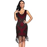 Women's 1920s Gatsby Dress V Neck Sequin Bead Fringed Cocktail Hem Flapper Dress