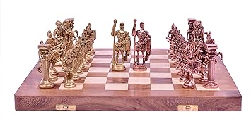Statue Solution Chess Set with Brass Sculpted Pieces in Ancient Roman Style and Wooden Board Board Game