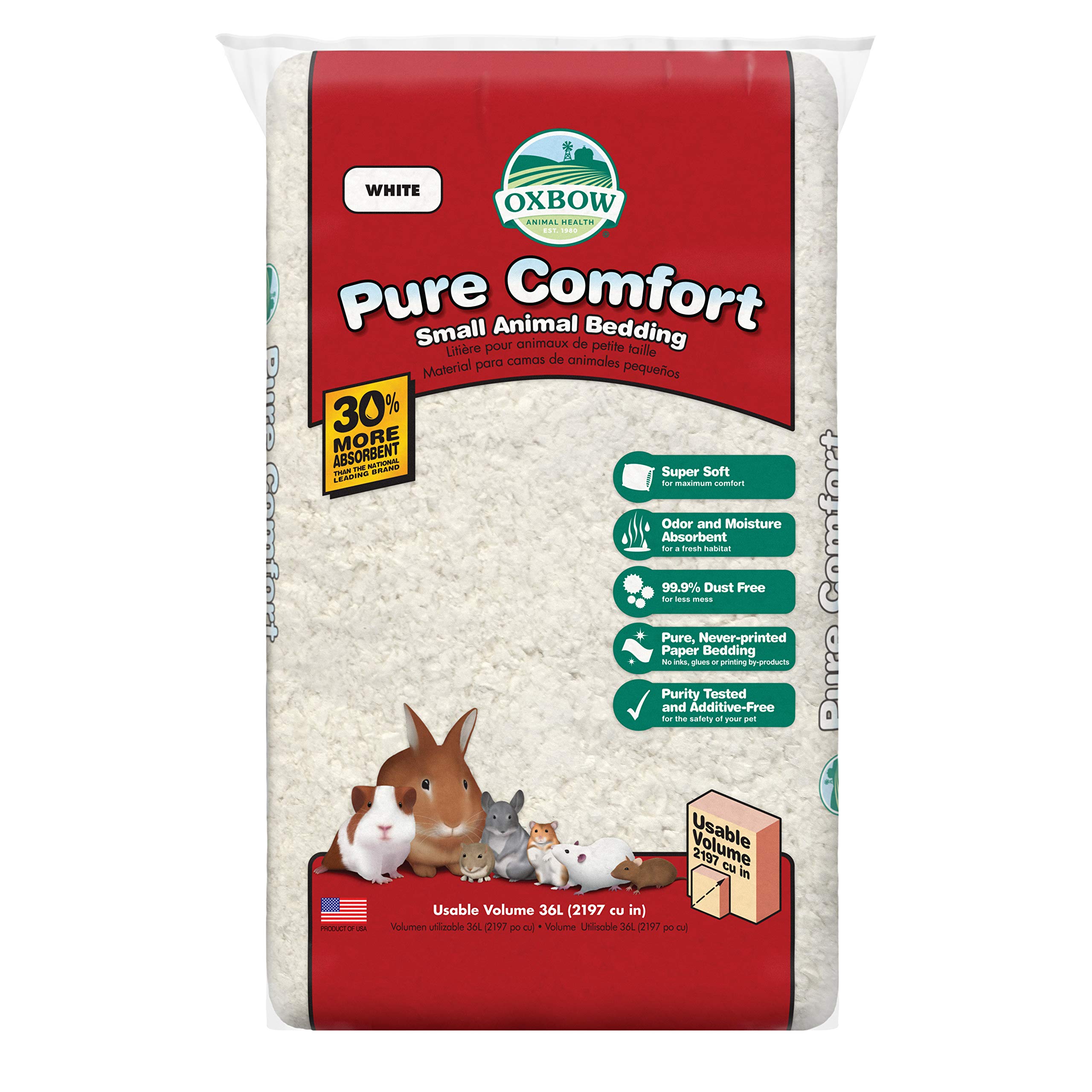 Photo 1 of Oxbow Pure Comfort Small Animal Bedding, Odor & Moisture Absorbent Litter for Bunny Litter Box, Low Dust Bedding for Guinea Pig Cage, White Paper, 36 Liter Bag
