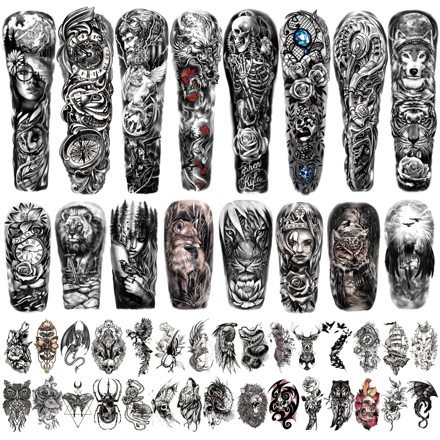 46 Full Arm Waterproof Temporary Tattoos For Men(L22.8“xW7”), Tiger Clock Flower Skeleton Animals Fake Tattoos for Adult Men and Women, Hand Forearm Shoulder 3D Temp Tattoo Stickers