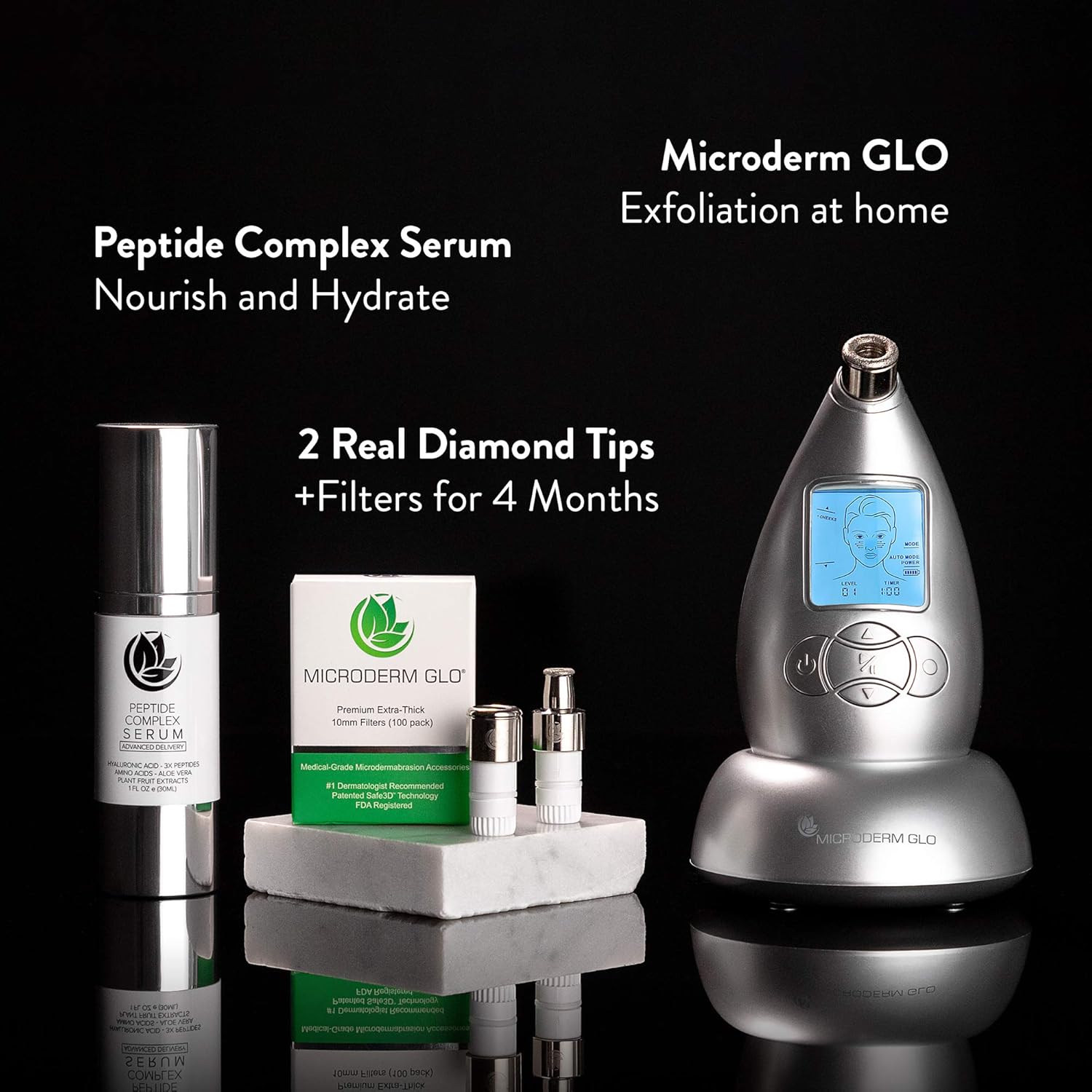 Microderm GLO Premium Skincare Bundle Includes Diamond Microdermabrasion System, 10mm Filters 100 pack, Peptide Complex Serum. Best Anti Aging Treatment Blackhead Remover and Pore Vacuum Kit (Silver): Beauty