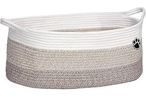 Optish Dog Toy Basket, Toy Box and Bin for Dog Cat Storage, 19.7" X 11" X 7.9" (30L) Large Woven Rope Basket for Blanket Storage, Living Room, Bedroom, White & Brown