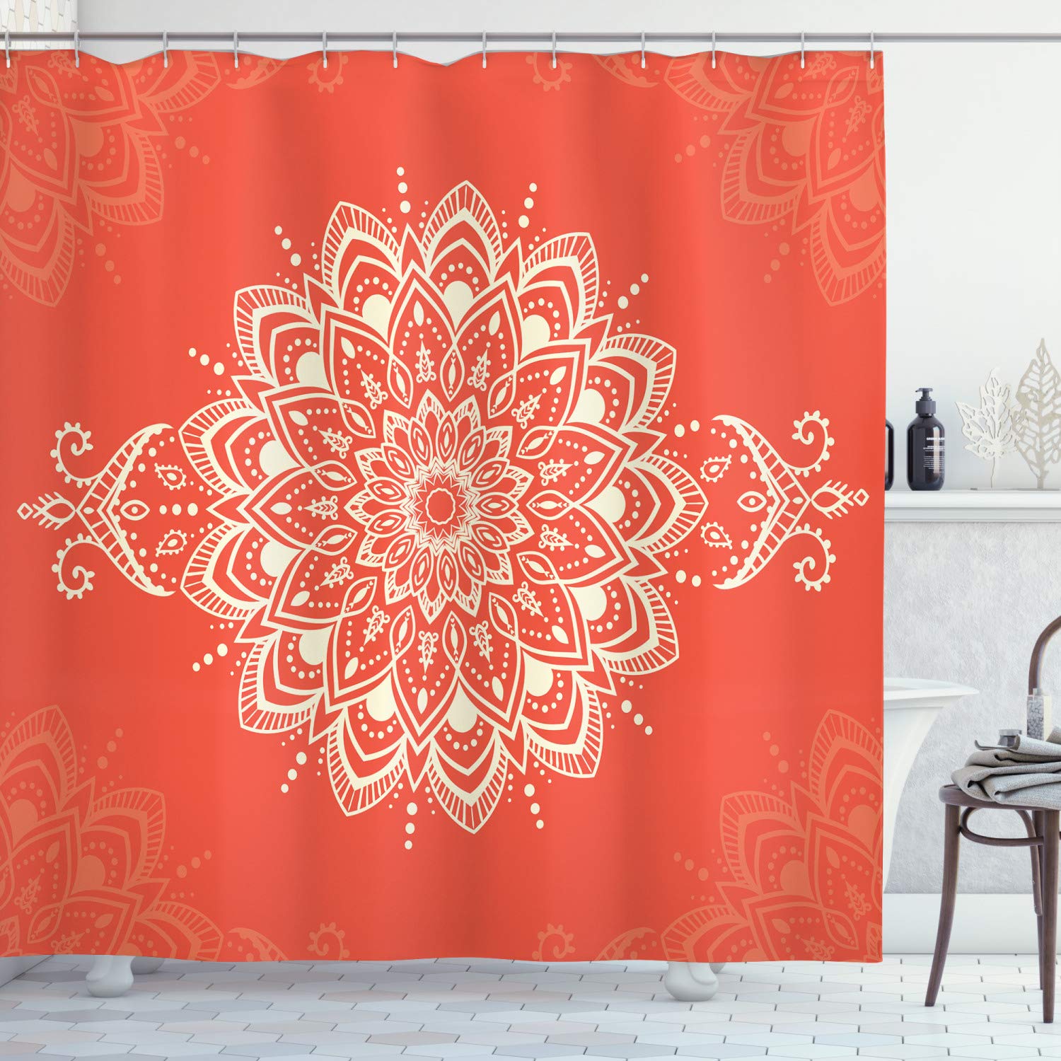 ABAKUHAUS Oriental Shower Curtain, Round Mandala Design Yoga Meditation Cosmos Concepts Outline Ornament Graphic, Cloth Fabric Bathroom Decor Set with Hooks, 78" Inches, Orange Ivory