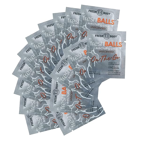 FRESH BODY FB FRESH BALLS ON-THE-GO ANTI CHAFING LOTION, 0.07 FL OZ TRAVEL SIZE PACKET (15 PACK) BALL DEODORANT FOR MEN AND SOOTHING CHAFING CREAM TO POWDER HYGIENE FOR GROIN AREA