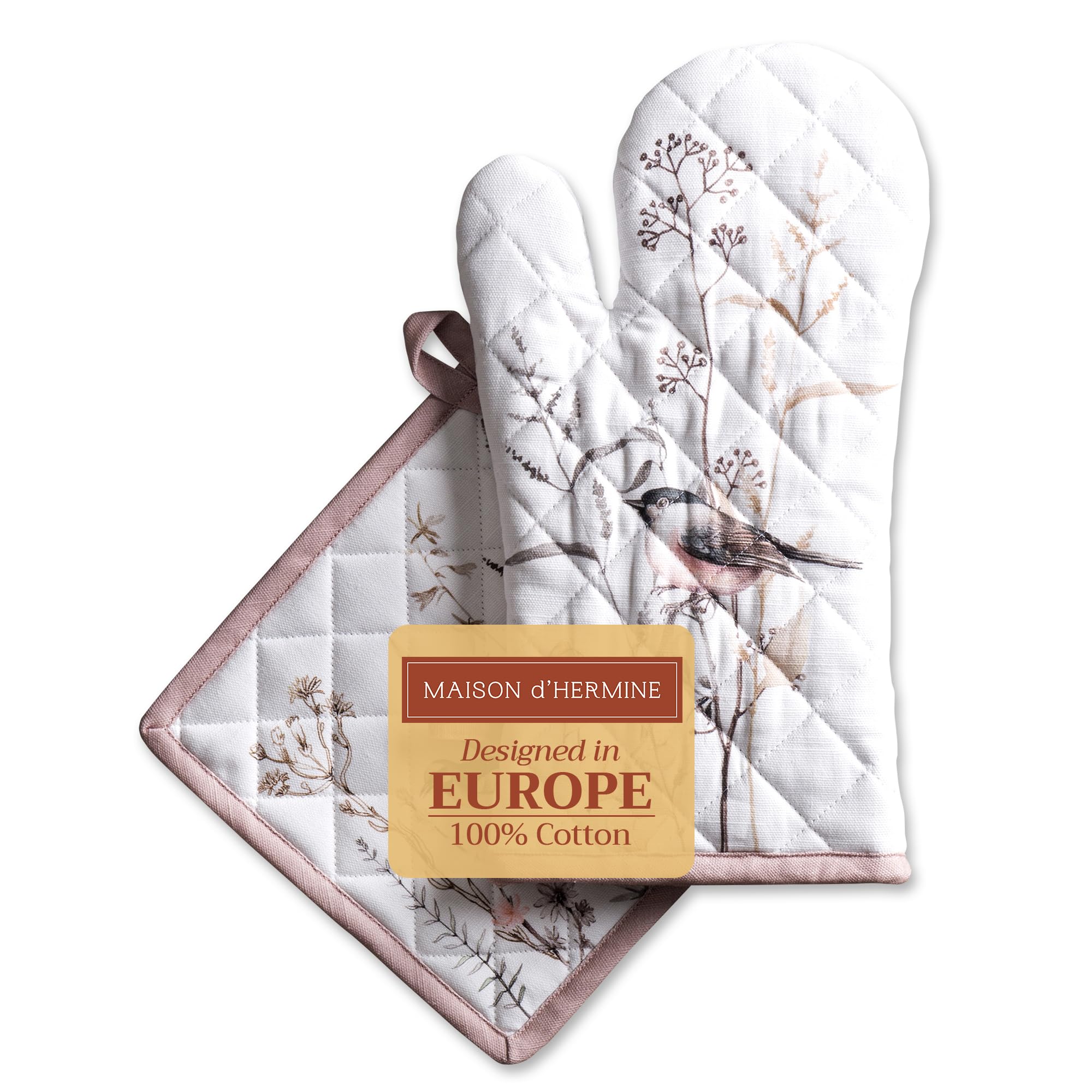 Maison d' Hermine 100% Cotton Oven Mitt & Pot Holder Set (19 x 33 cm & 20 x 20 cm) Heat Resistant BBQ Cooking Gloves with Loop for Handling Hot Pans Gifts for Mothers Day (Meadow Florals - Brown)