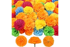 M&C MUSIC COLOR Marigold Flowers Heads Bulk, 50Pcs Silk Marigold Flowers Artificial for Decoration DIY Wreath Garland Craft Wedding Party Baby Shower Decoration Halloween Christmas (Multi Color)