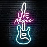 Kavaas Live Music Neon Sign for Wall Decor, LED Guitar Shaped Sign for Music Studio, Bar, Bedroom, Party, Man Cave - Best Gifts for DJs Enthusiast, Birthday, Christmas