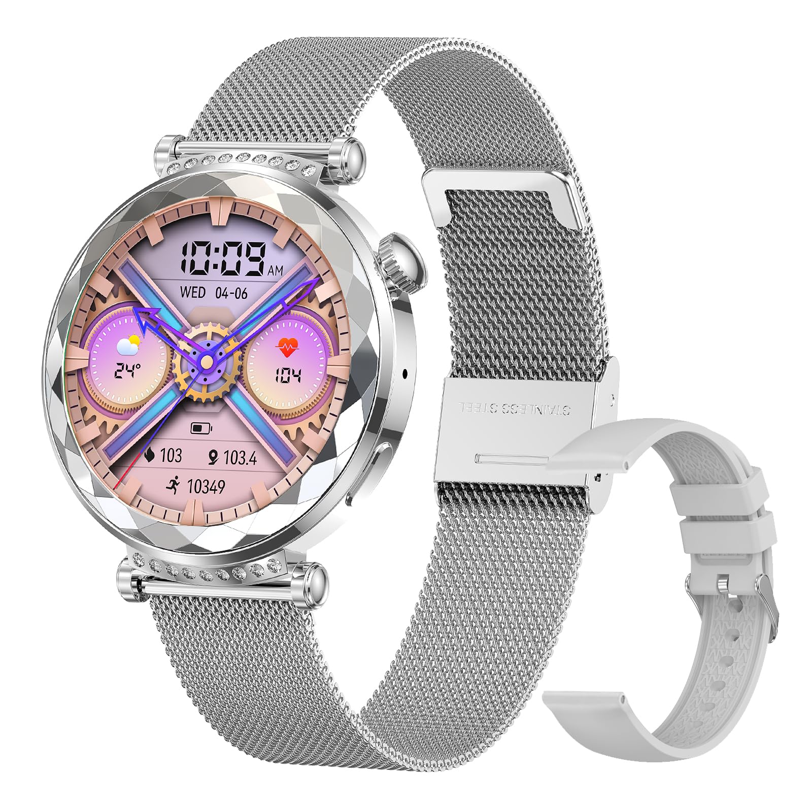 Photo 1 of Welfiit Smart Watch for Women, Fitness Tracker for Android/iOS, 1.19" AMOLED Screen Smartwatches with Female Cycle, Heart Rate, Sleep Monitor, Activity Tracking (2 Watch Bands) (Silver)