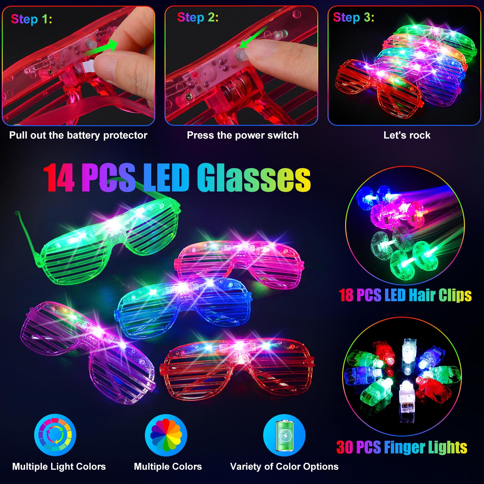 158 PCS Glow in the Dark Halloween Party Supplies, 14PCS LED Glasses, 30LED Finger Lights, 14LED Light Hairs and 100PCS Glow Sticks Bracelets, Neon Party Favors for Wedding,Concert, Birthday