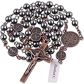 HanlinCC 6mm Hematite Stone Black Beads with Antique Copper Plated St.Benedict Center Piece Medal and Crucifix Cross Catholic Rosary Necklace for Men and Women with Black Velvet Bag