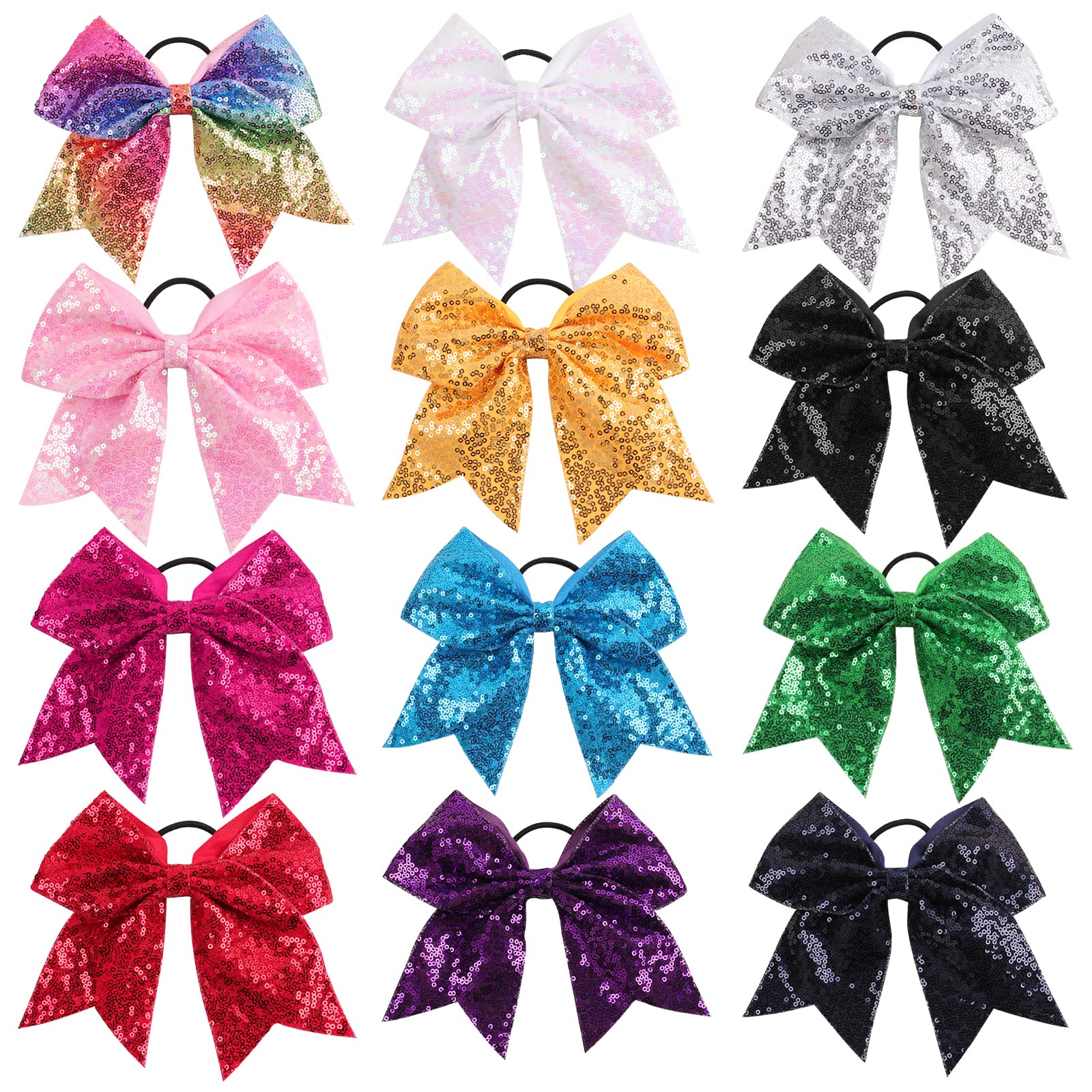 Photo 1 of Oaoleer 12PCS 7" Large Glitter Cheer Hair Bows Ponytail Holder Elastic Band Handmade for Cheerleading Teen Girls College Sports (Sequin Mixed-color 12PCS)