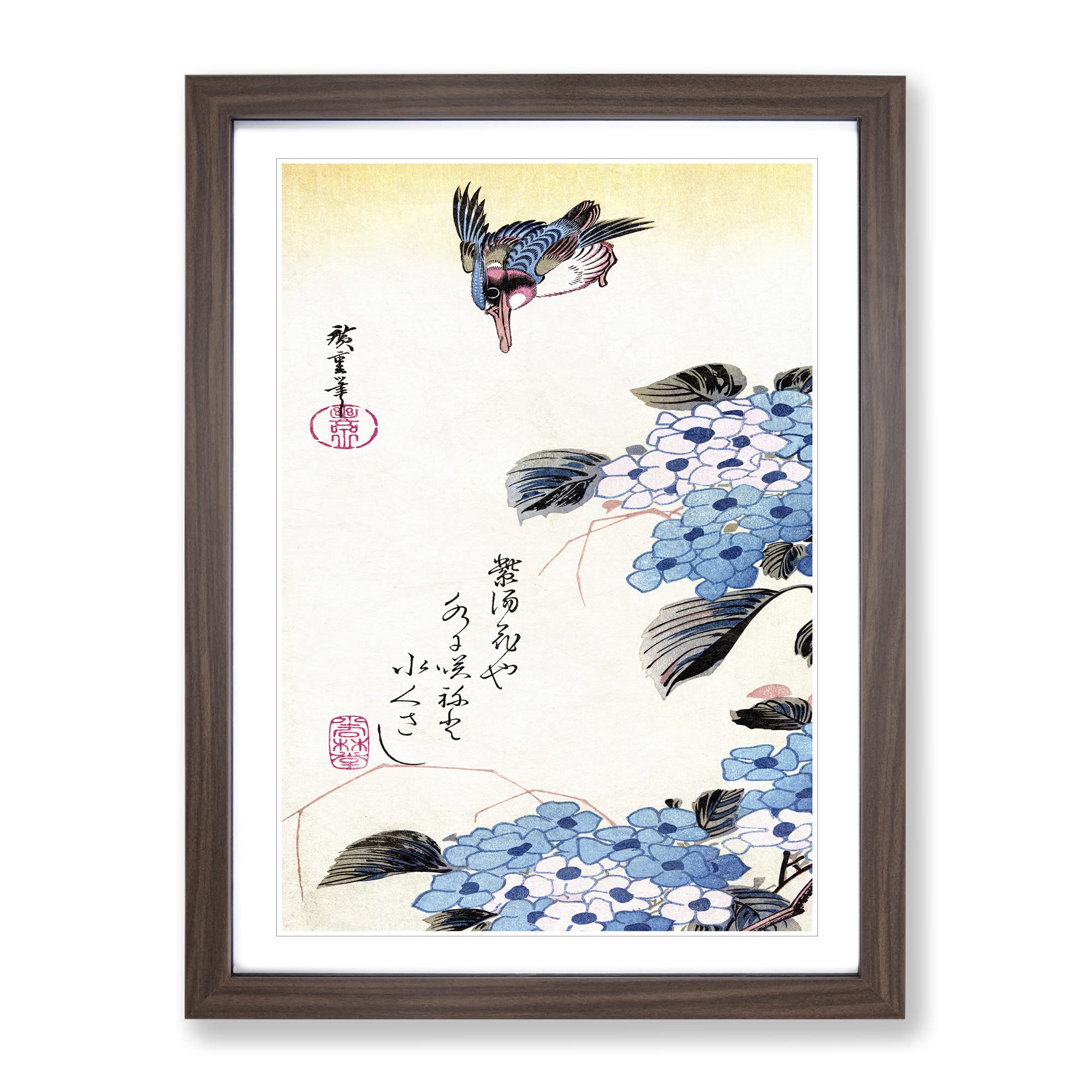 Hydrangea And Kingfisher By Utagawa Hiroshige Asian Japanese Framed Wall Art Print, Ready to Hang Picture for Living Room Bedroom Home Office Décor, Walnut A4 (34 x 25 cm)