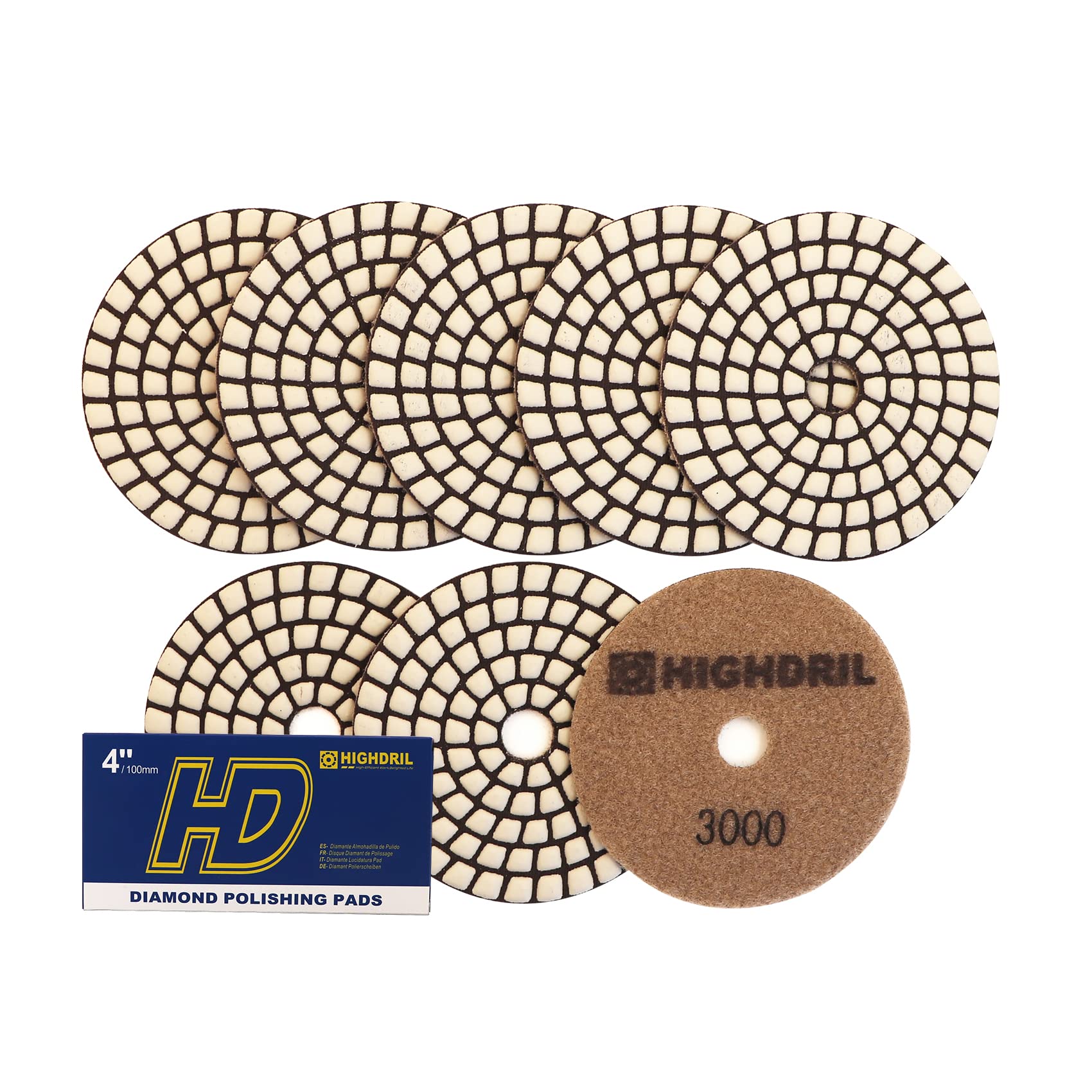 HIGHDRIL Dry Diamond Polishing Pad - 8PCS #3000 Sanding Pads 100MM for Granite Stone Marble Floor Grinder Polish Pad Kit for Drill, Grinder, Polisher