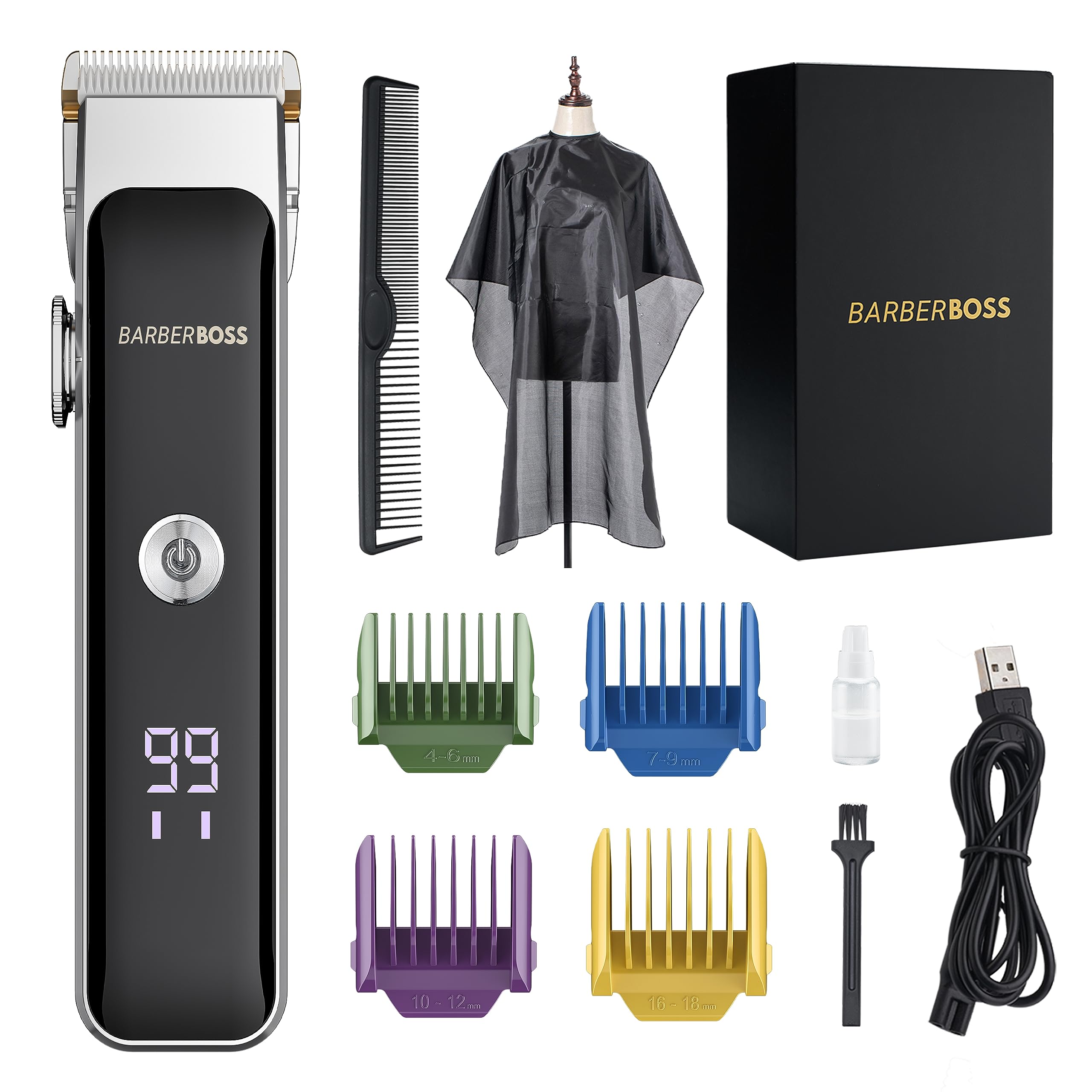 BarberBoss Professional Facial Trimmer, Beard Trimmer Men, Hair Clipper, Compact Design, Precision Control Dial, 2 Speed Settings, USB Charge, Ceramic & Titanium Blade, LED Display, QR-2089