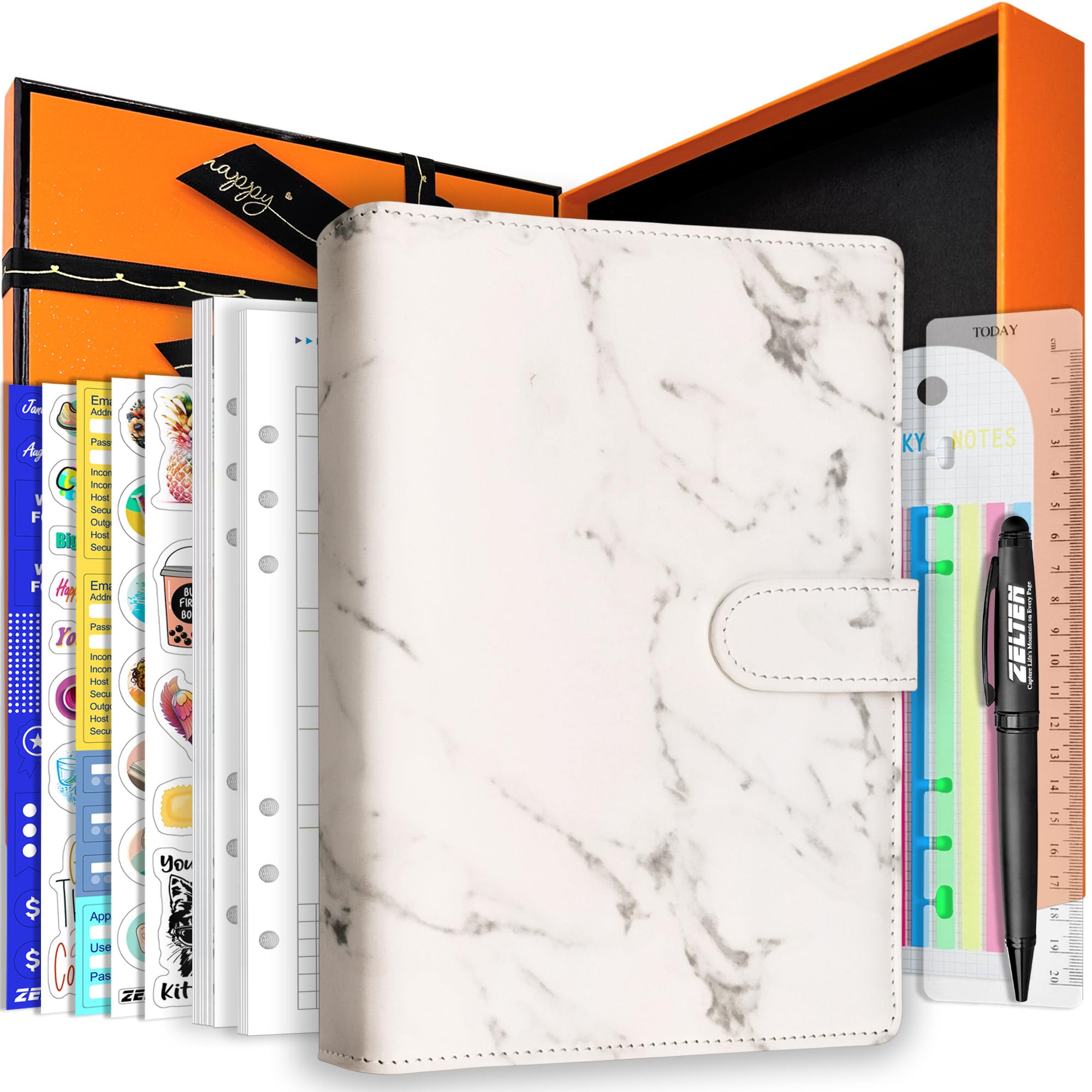Zelten PU Leather Personal Notebook Planner with 67 Pages Loose-Leaf Papers 6 Holes Ring Binder Pen Holder Magnetic Buckle (White Marble,A5 Gift Box)
