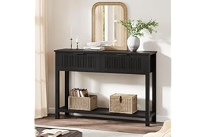 Modern Black Fluted Console Table with 2 Storage Drawers - Slim Wooden Sofa Table with Metal Handles - Ideal for Entryway, Ha