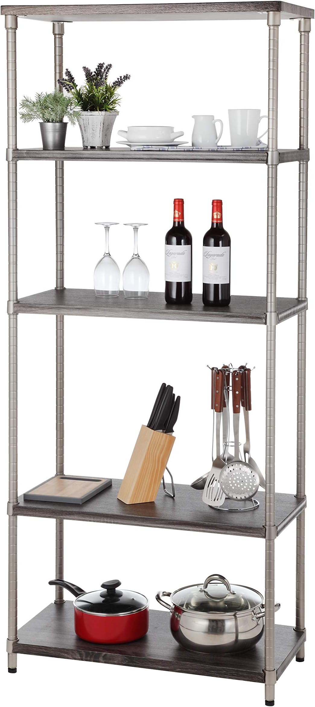 Home Zone Bookcase Storage Rack with 5-Tier Wide Shelving Unit | Steel and Wood with Satin Nickel Finish