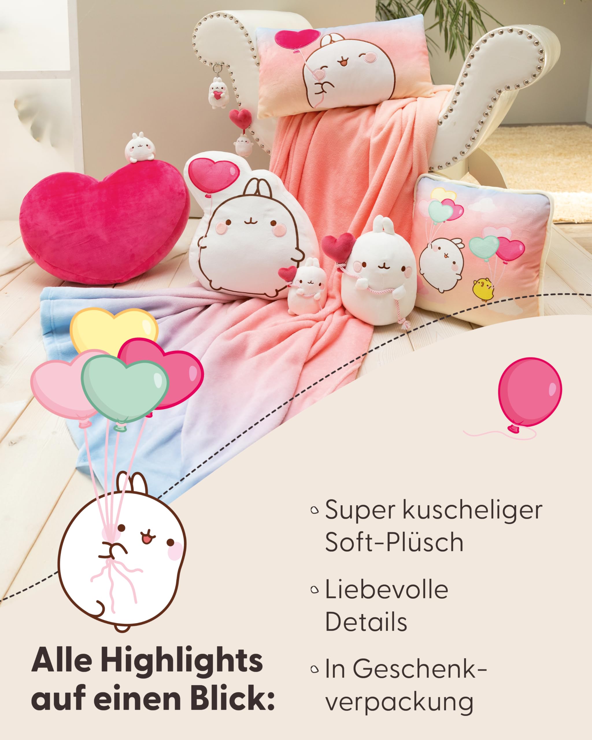 NICI Kuscheltier MOLANG mit Herzballon 24cm in Geschenkverpackung weiß - Stofftier aus weichem Plüsch, niedliches Plüschtier zum Kuscheln und Spielen, für Kinder & Erwachsene - 61674 5