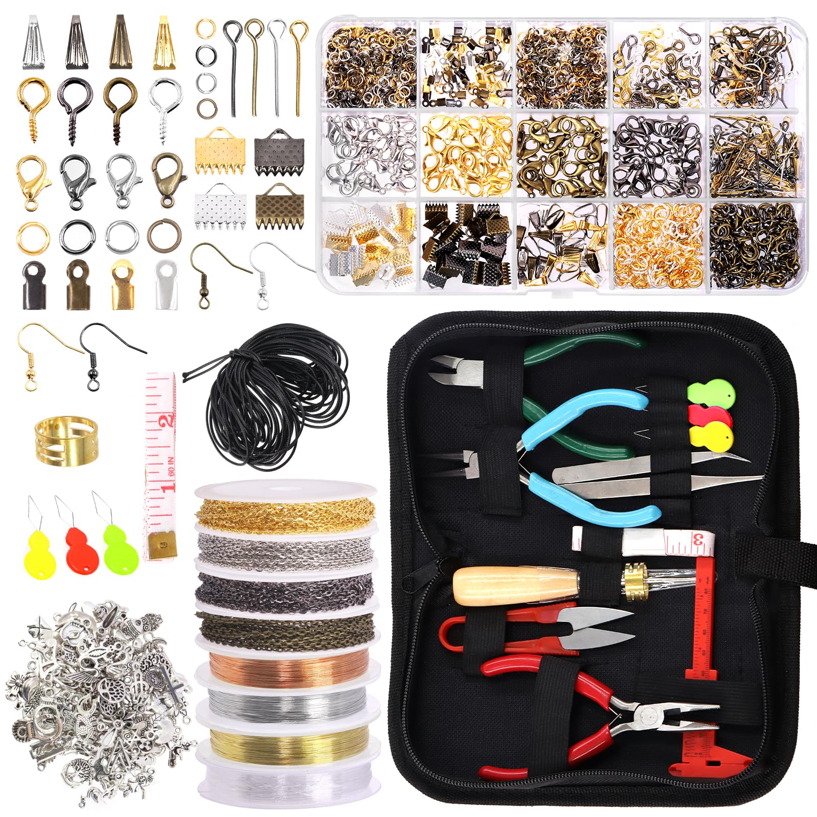 Rustark 1588Pcs Jewelry Making Supplies Kit with Jewelry Pliers, Jewelry Wires, Jewelry Jump Rings Findings, Jewelry Making Tools and Accessories with Storage Bag for Jewelry Making Repair and Beading
