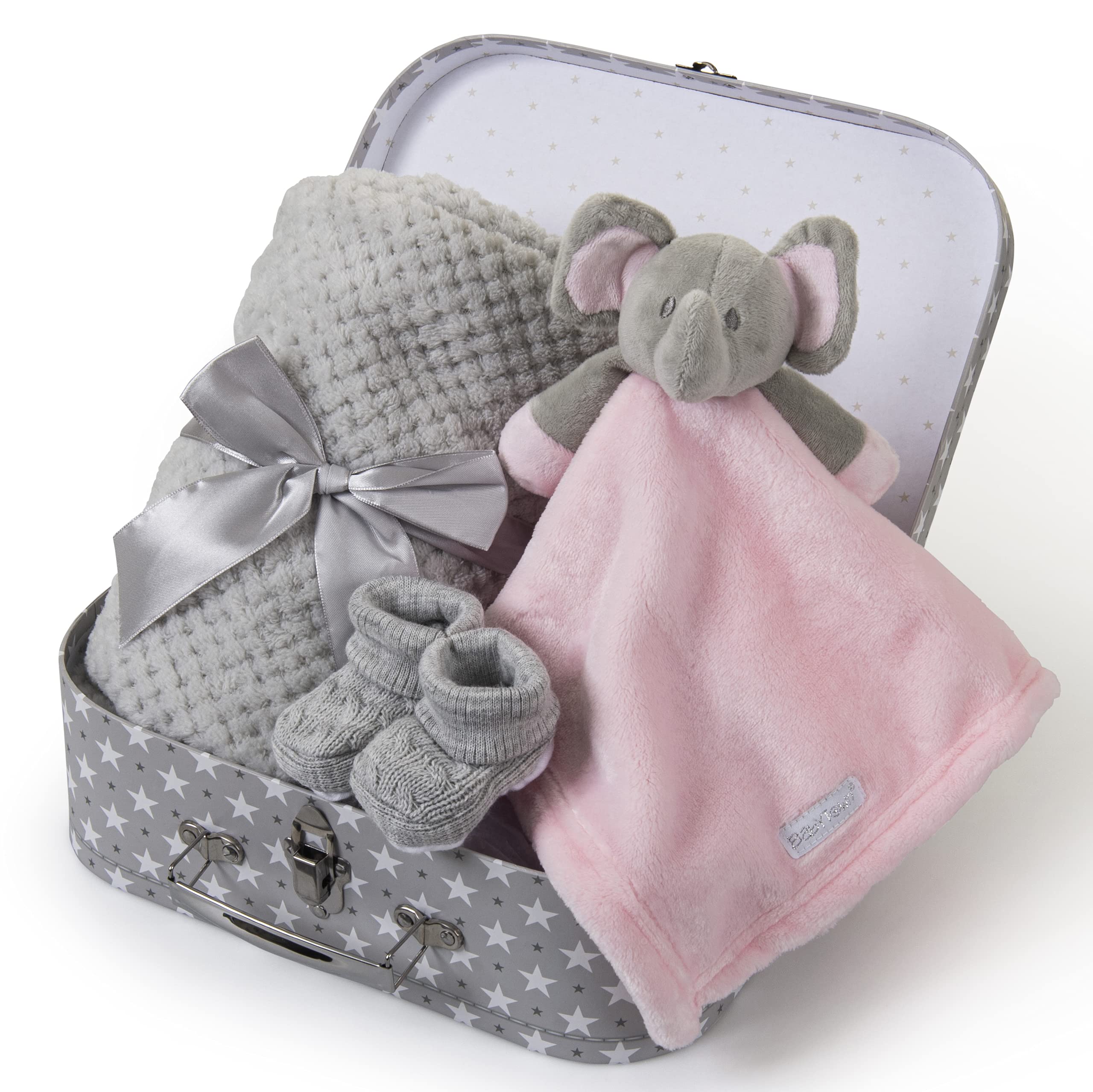 Hoolaroo Newborn Baby Gift Set New Baby Hamper Present For Baby Girl Unique Suitcase Memory Box Cute Soft Congratulations Milestone Pink Elephant Comforter Blanket