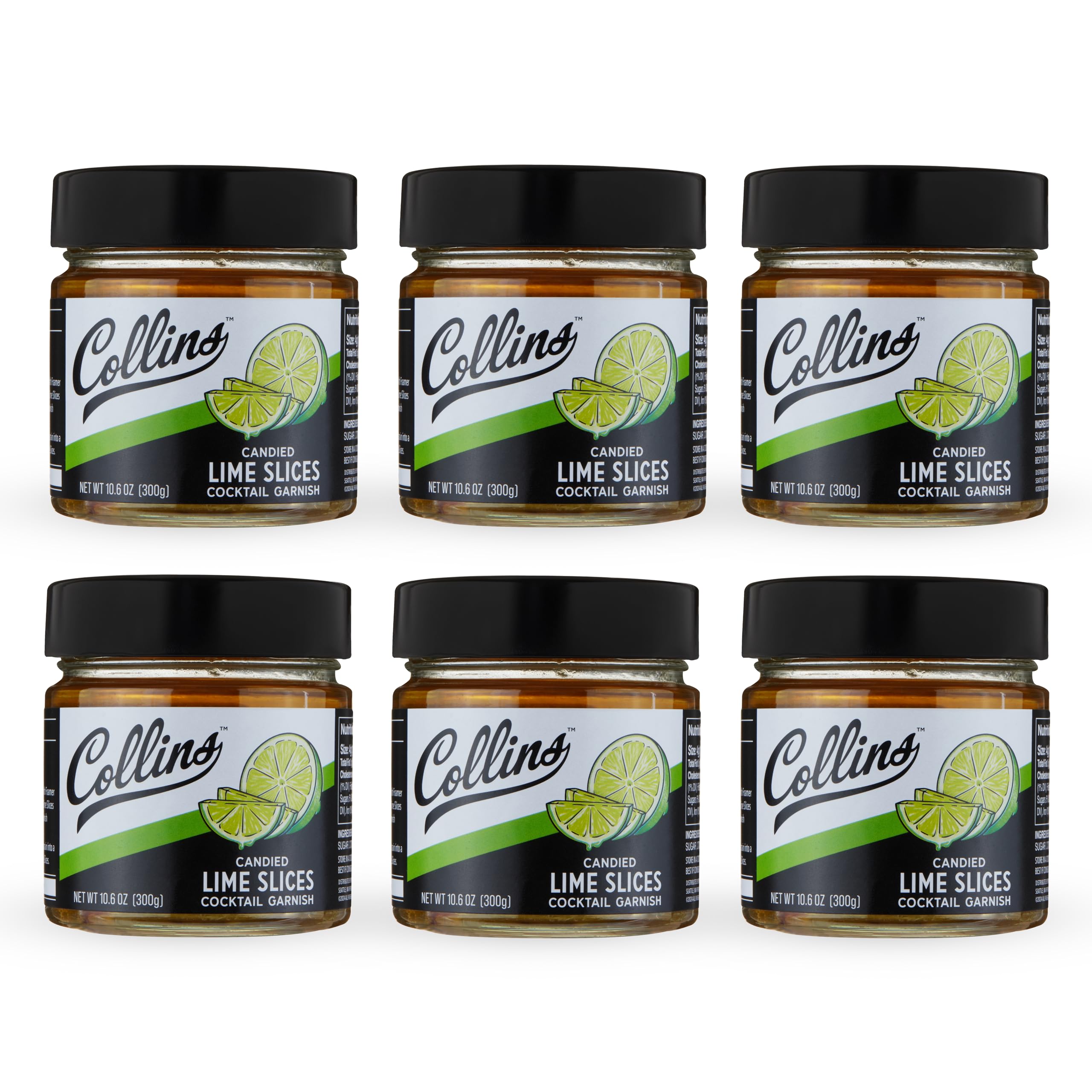 Collins Candied Lime Slices in Syrup, Gluten Free Cocktail Garnishes for Whiskey Sour, Margarita, Fruit Punch, Cake, Ideal for Bars, Restaurants, Hotels, Desserts, Baking Supplies, 10.6 oz, Set of 6