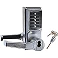 Kaba Simplex L1000 Series Metal Mechanical Pushbutton Cylindrical Lock with Lever, Key Override, 13mm Throw Latch, Floating Face Plate, 70mm Backset, R/C Sargent, Core Not Included, Satin Chrome Finish, Left Hand