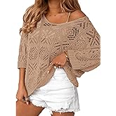 Zeagoo Women's Summer Crochet Off The Shoulder Hollow Out Knit Tops 2025 V Neck 3/4 Sleeve Sweater Top