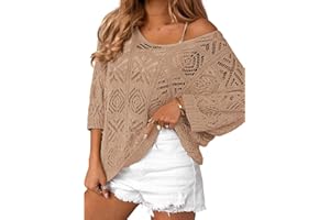 Zeagoo Women's Summer Crochet Off The Shoulder Hollow Out Knit Tops 2025 V Neck 3/4 Sleeve Sweater Top