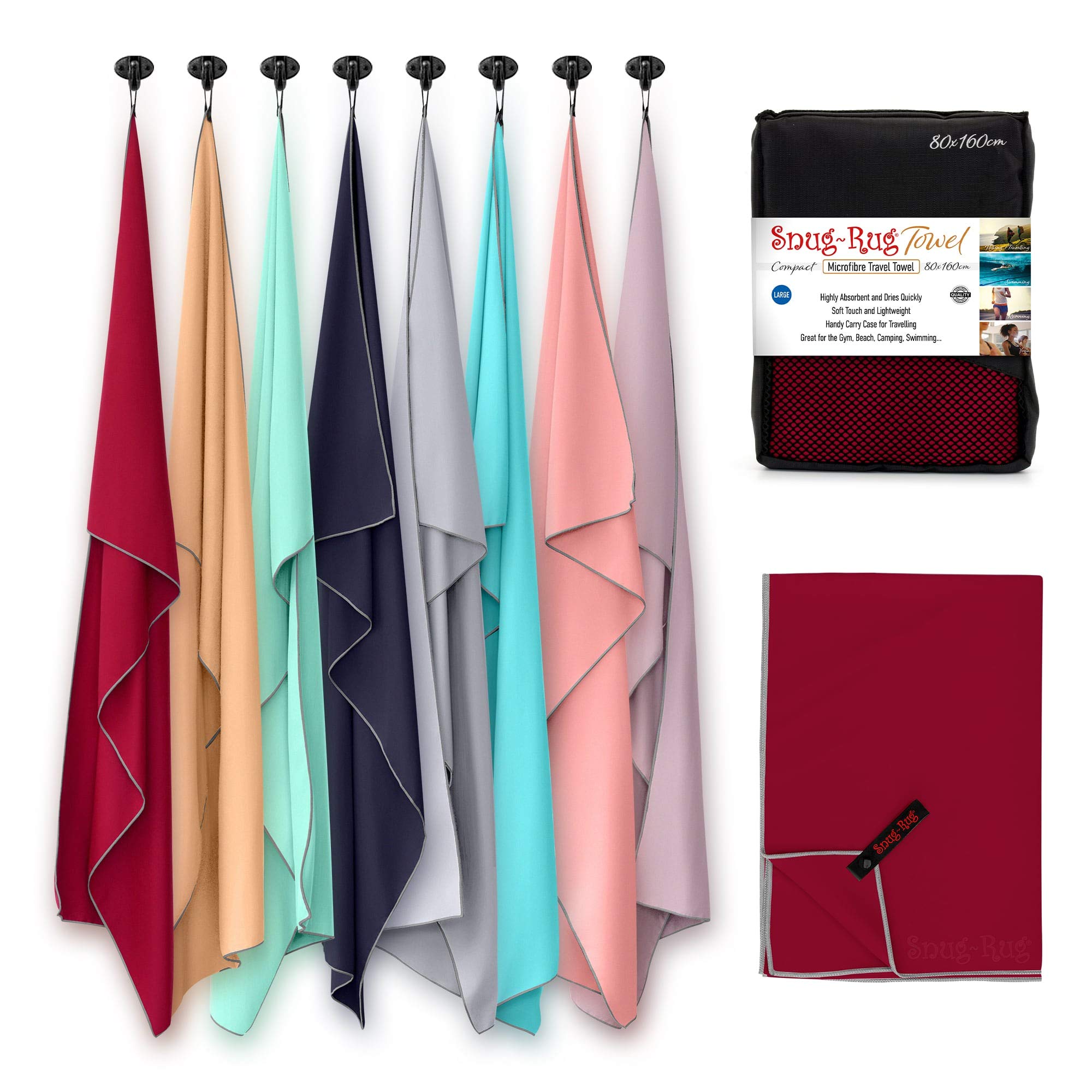 Snug Rug Microfibre Beach Towel Large 80 x 160cm – Super Absorbent Quick Drying Lightweight Sand Proof Beach Towels Jester Red