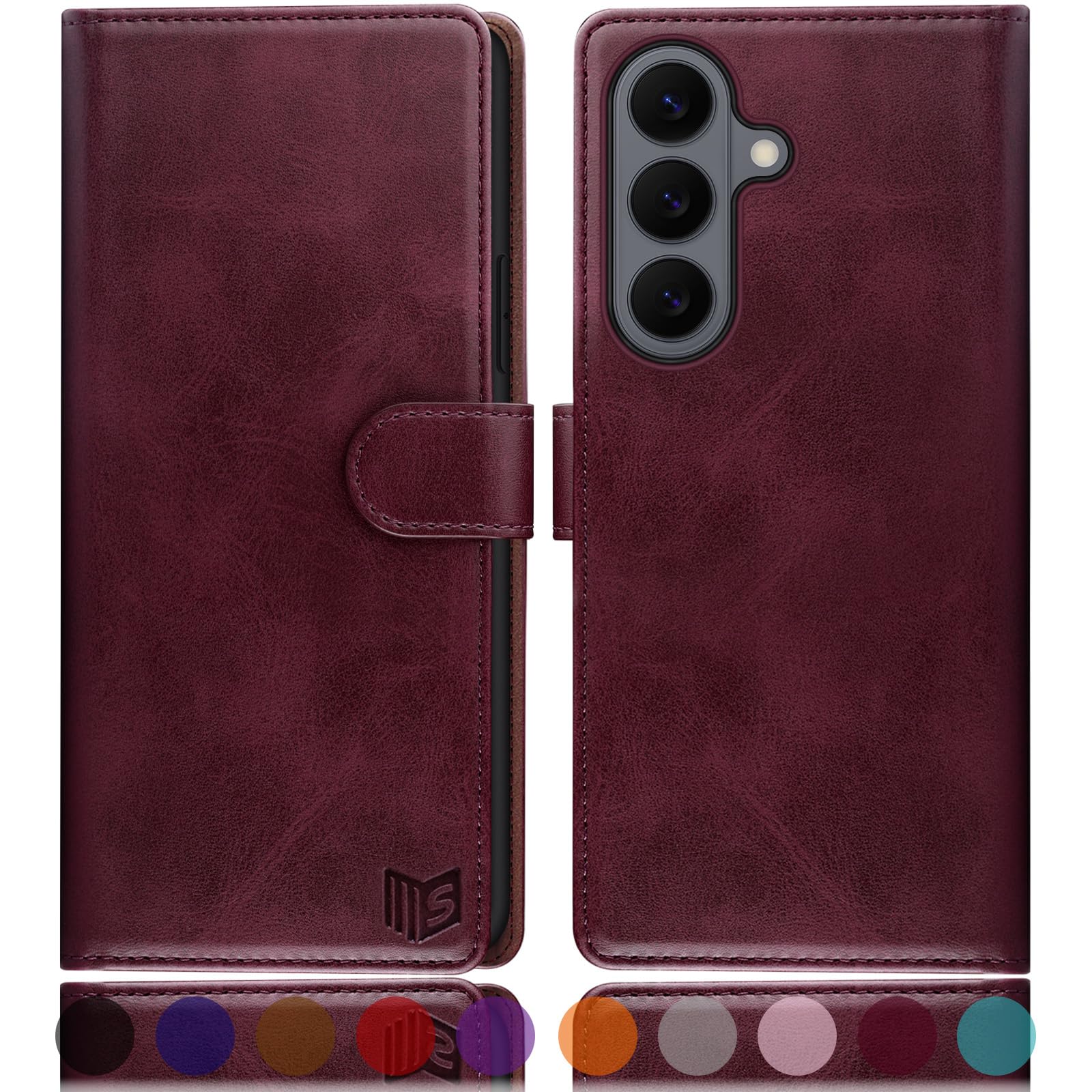 SUANPOT Compatible with Samsung Galaxy S26 Wallet case with RFID Blocking Credit Card Holder,Flip Book PU Leather Protective Cover Women Men for Samsung S26 Phone case Wine Red