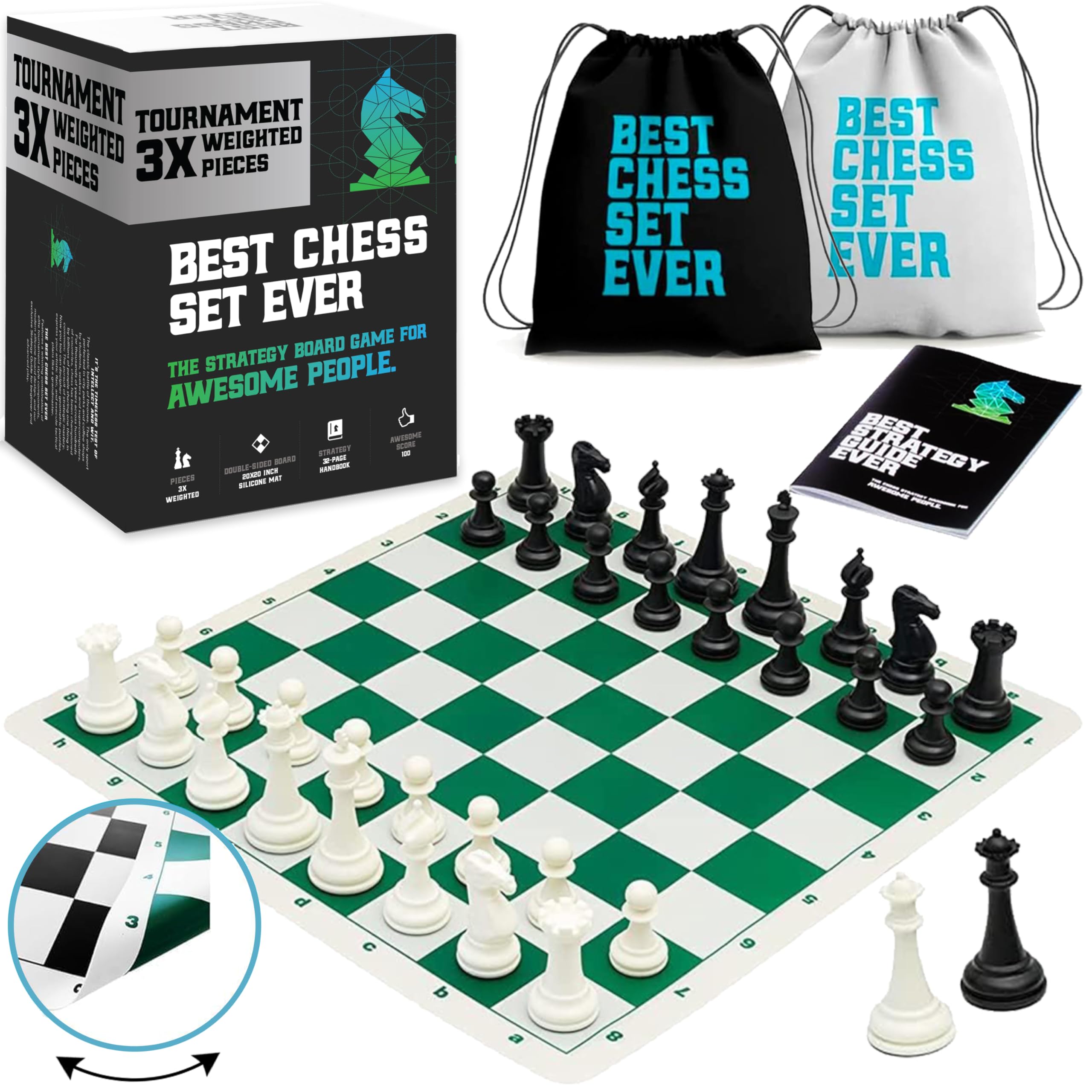 Best Chess Set Ever 3X Tournament Chess Set with Staunton Triple Weighted Pieces (10.3 cm King) for Adults & Kids – Foldable Roll-up Double-Sided 50x50 cm Silicone Board Mat, Ideal for gifting