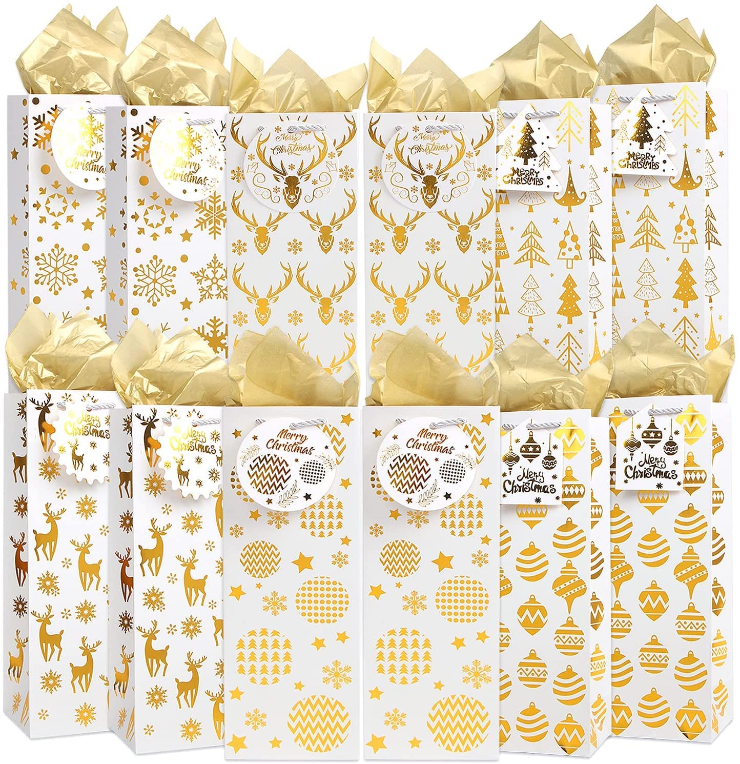 LOKIPA Christmas Wine Gift Bags,12 Pack Gold Foil Paper Wine Bottle Bags with Tissue Paper and Name Tags for Christmas, Wedding,Wine Tasting,Home Party