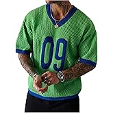 WDIRARA Men's Big and Tall Crochet Jersey Shirts Number Graphic V Neck T-Shirts Short Sleeve Knit Top Streetwear